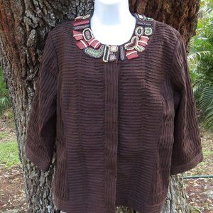 Chicos 2 Womans 3/4 Sleeve Top Beaded Organic Textured Med 12